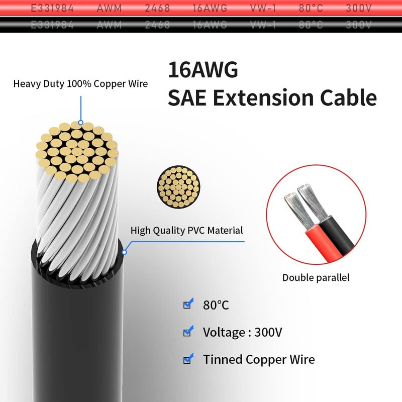 ELFCULB 16AWG 10FT SAE Extension Cable 3/6/10/20/35/50FT Quick Disconnect Wire Harness with SAE Connector for Automotive RV Battery Solar Panel - Image 2